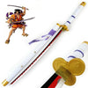 A cosplay sword of Roronoa Zoro's 41-inch katana with a gold hilt and purple wrapping.