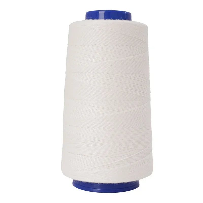 A roll of white heavy-duty waterproof bonded polyester thread with a blue core.