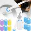 A set of disposable toilet brushes with wall-mountable holders and an extended handle shown in a white toilet bowl.