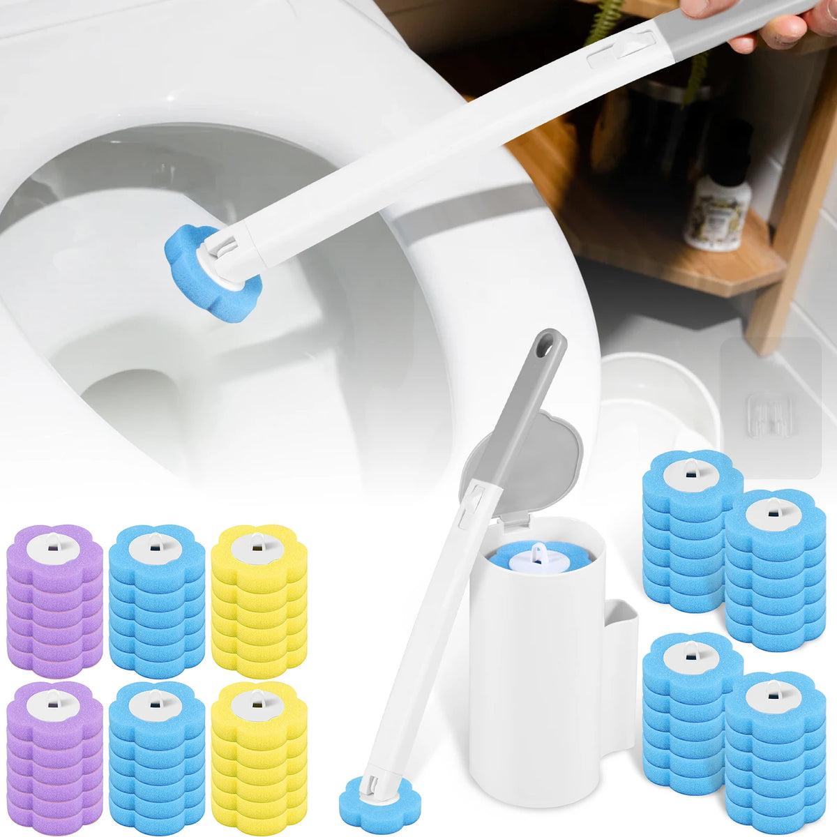 A set of disposable toilet brushes with wall-mountable holders and an extended handle shown in a white toilet bowl.