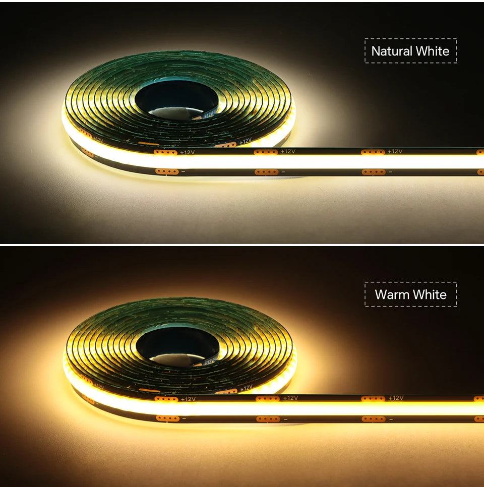 A roll of natural white and warm white COB LED strip lights, showing the individual LED strips.