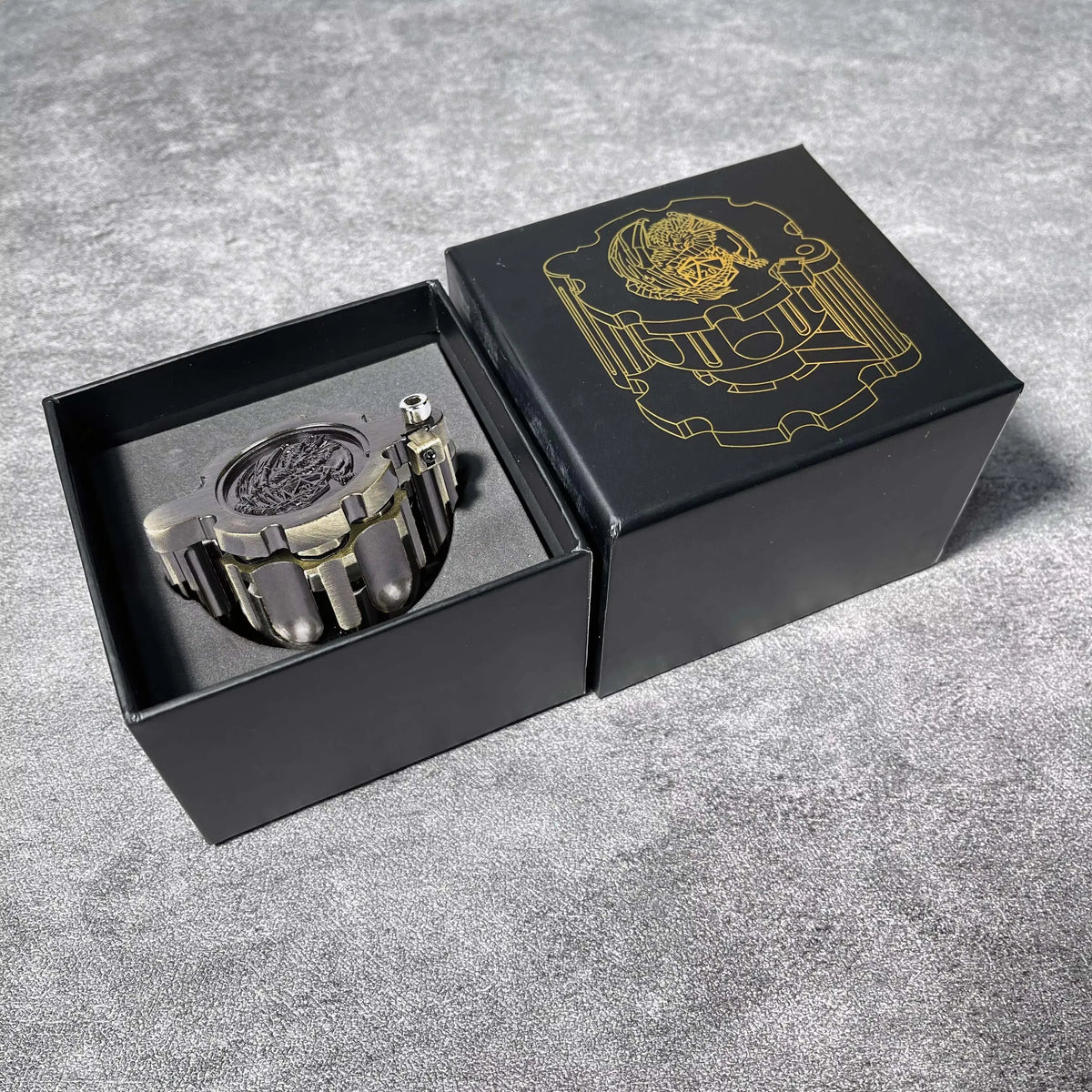 Golden Metal Revolver Dice Set for Tabletop RPGs