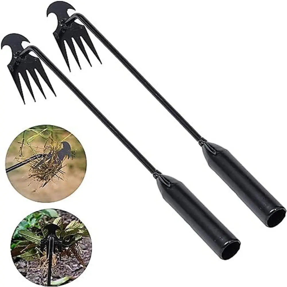 A black 4-tine steel hand weeder tool with long, slender prongs shown alongside close-up images of its use.