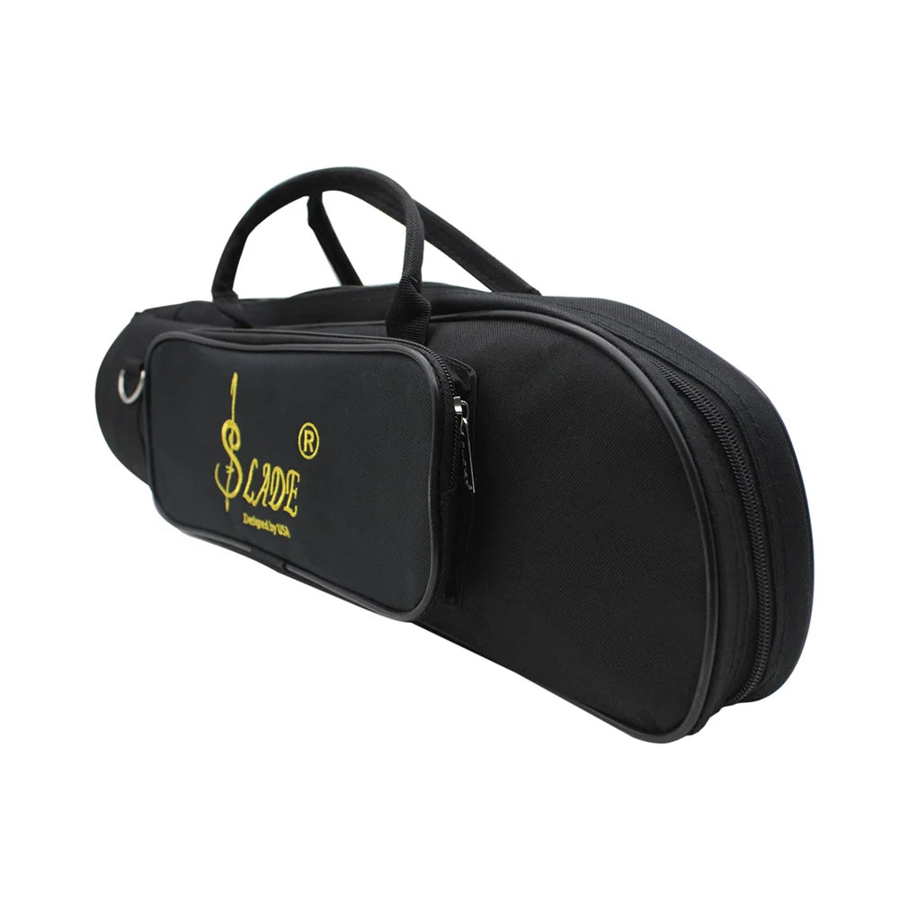Black waterproof oxford cloth trumpet bag with a zippered pocket and carrying loop