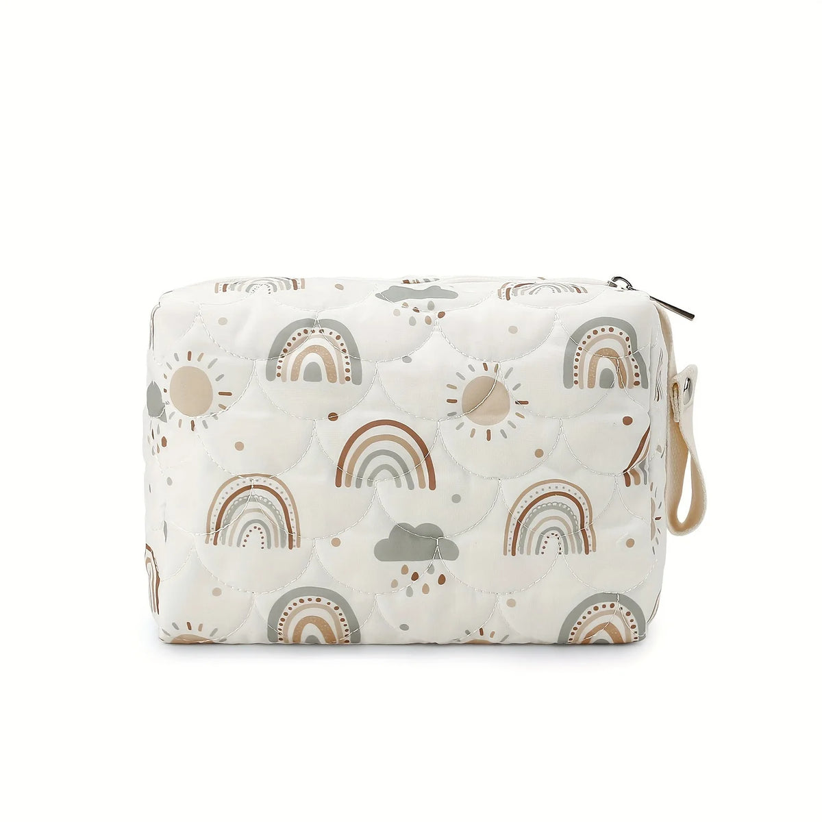A cream quilted diaper caddy organizer featuring a rainbow print design with suns and clouds.