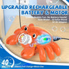 An orange crab bubble blower toy with lights and a motor is shown on a wooden surface.