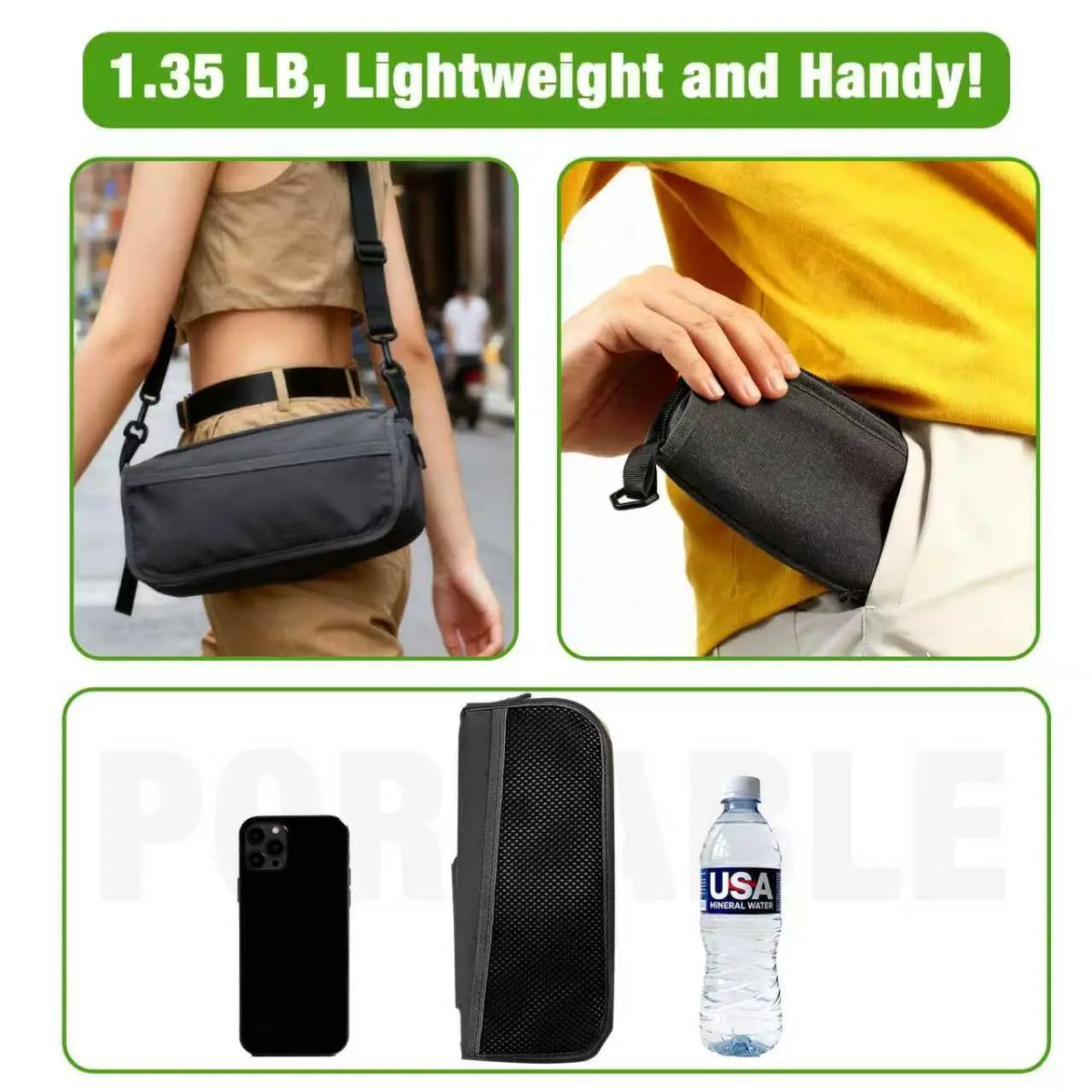 A portable folding stool is shown being used as a lightweight outdoor seat for camping or hiking.