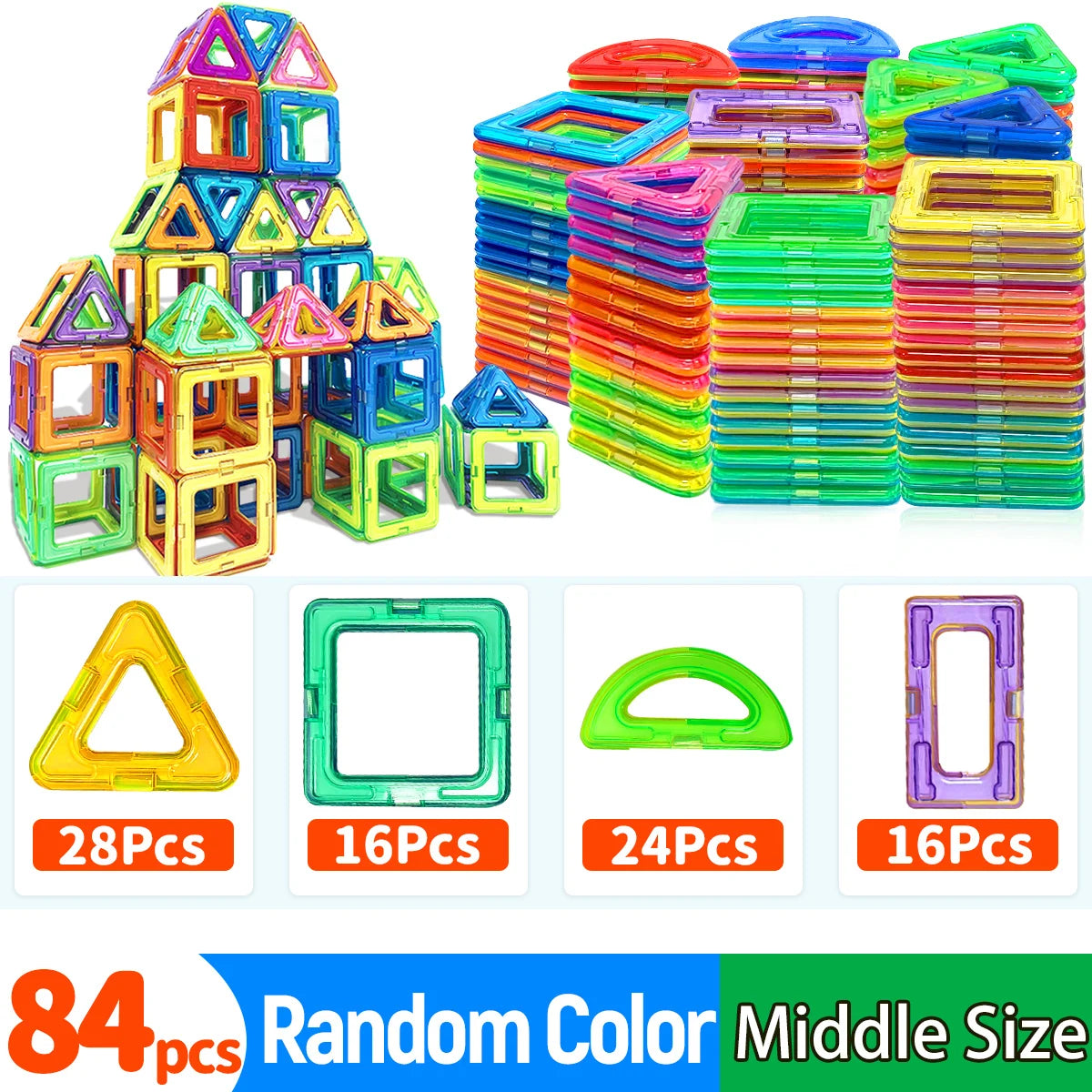 A collection of colorful magnetic building blocks and geometric shapes in various sizes and colors.