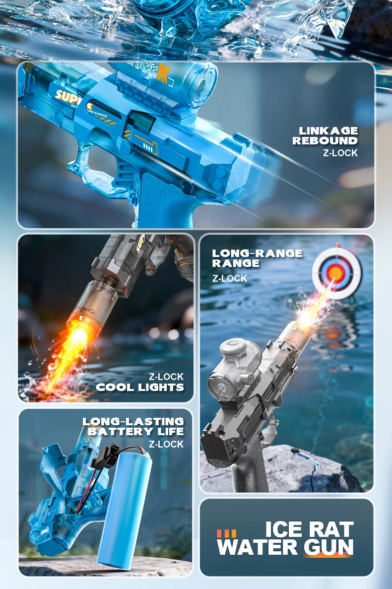 Blunge Hochdruck-Wasserpistole mit Z-Lock-Technologie, coolen Lichtern und langlebiger Akkulaufzeit.