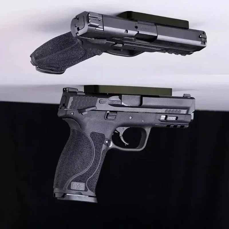 A black magnetic gun mount with a quick-release lock is shown against a dark background.