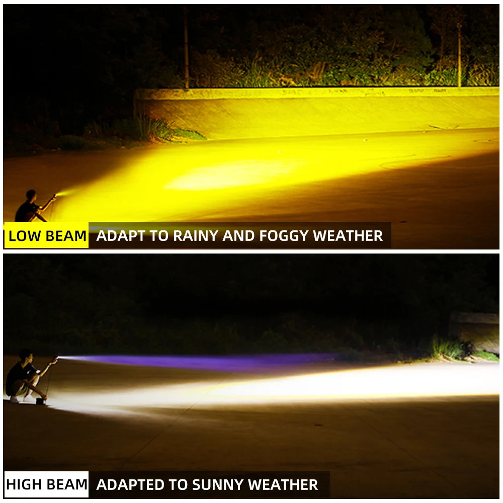 Two images showing a motorcycle dual-color LED spotlight with low beam adapted to rainy/foggy weather and high beam adapted t