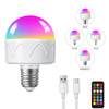 A white LED smart bulb with a colorful RGB light, various bases, and a remote control device.