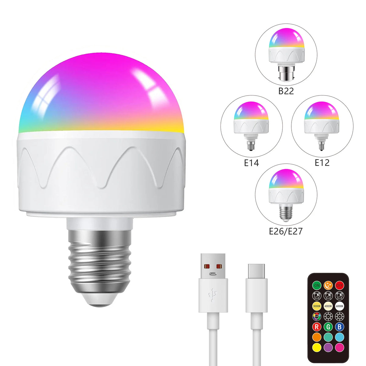 A white LED smart bulb with a colorful RGB light, various bases, and a remote control device.