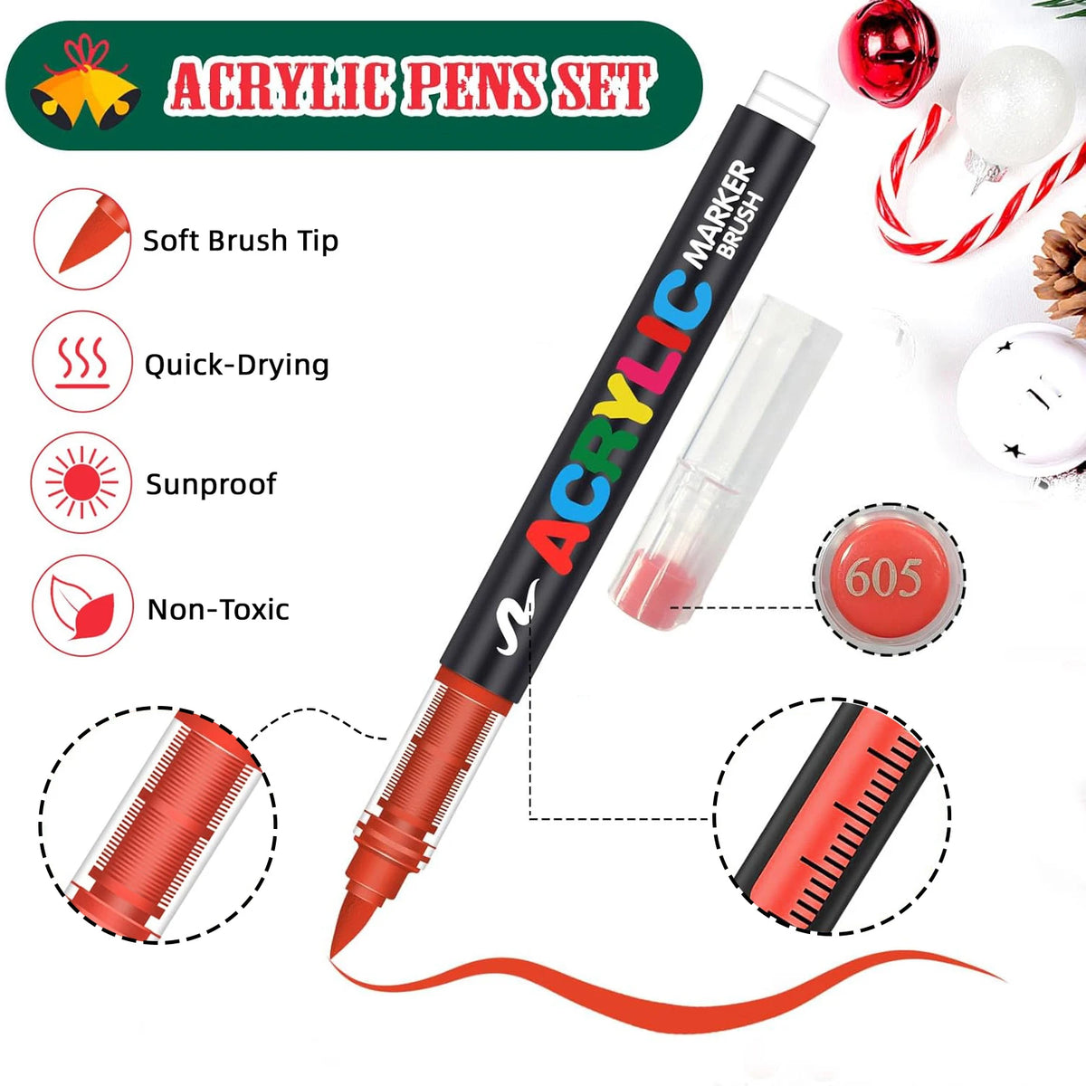 A set of black acrylic pens with red tips and a ruler, demonstrating waterproof and quick-drying features.