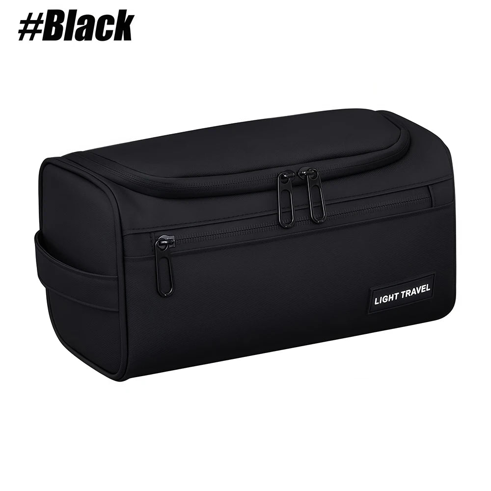Black men's water-resistant travel toiletry bag with a carry handle.