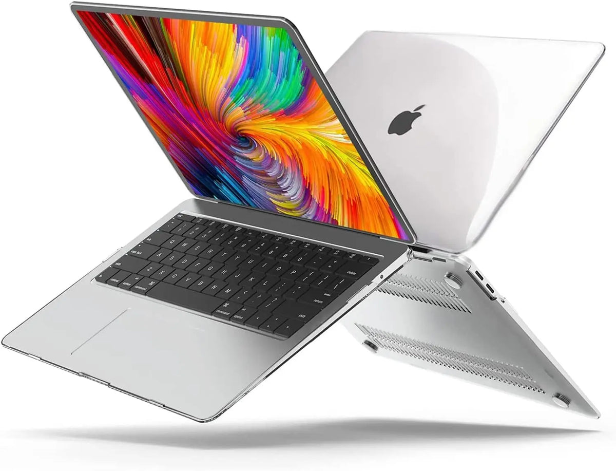 Silver MacBook Air with a clear hard shell case shown open, displaying the colorful Apple logo.
