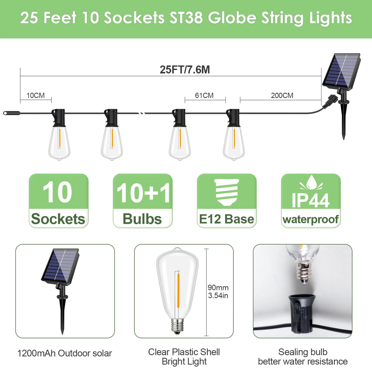 25 feet of 10 socket ST38 globe string lights with solar panel and E12 base bulbs