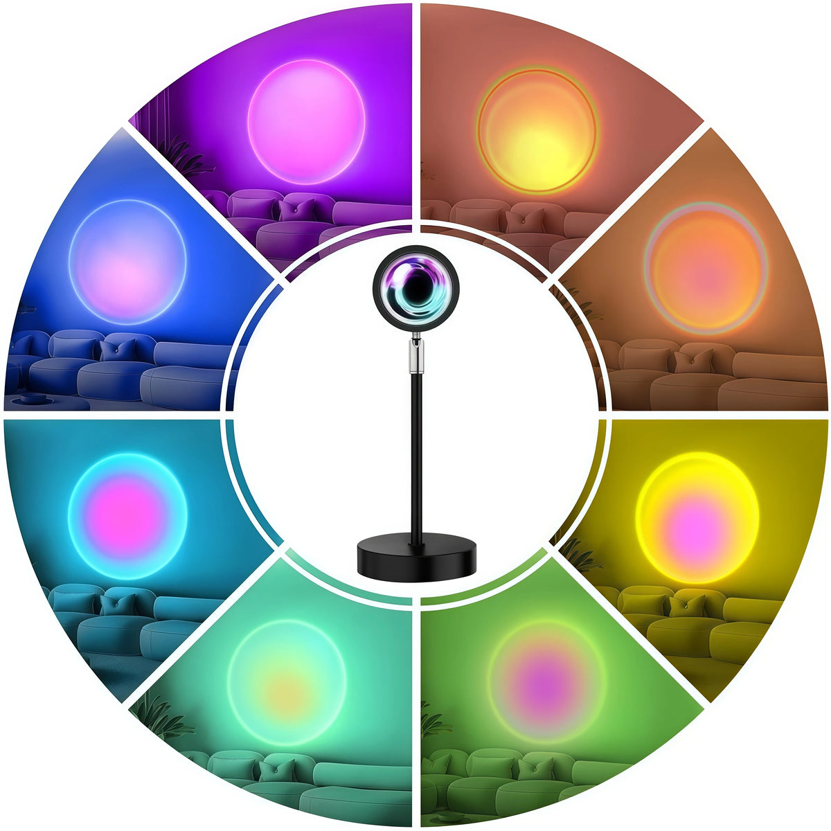 A circular display showing various sunset colors projected onto a room, with the lamp centered below.