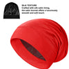 A bright red silk satin sleep bonnet shown in a draped, circular form.