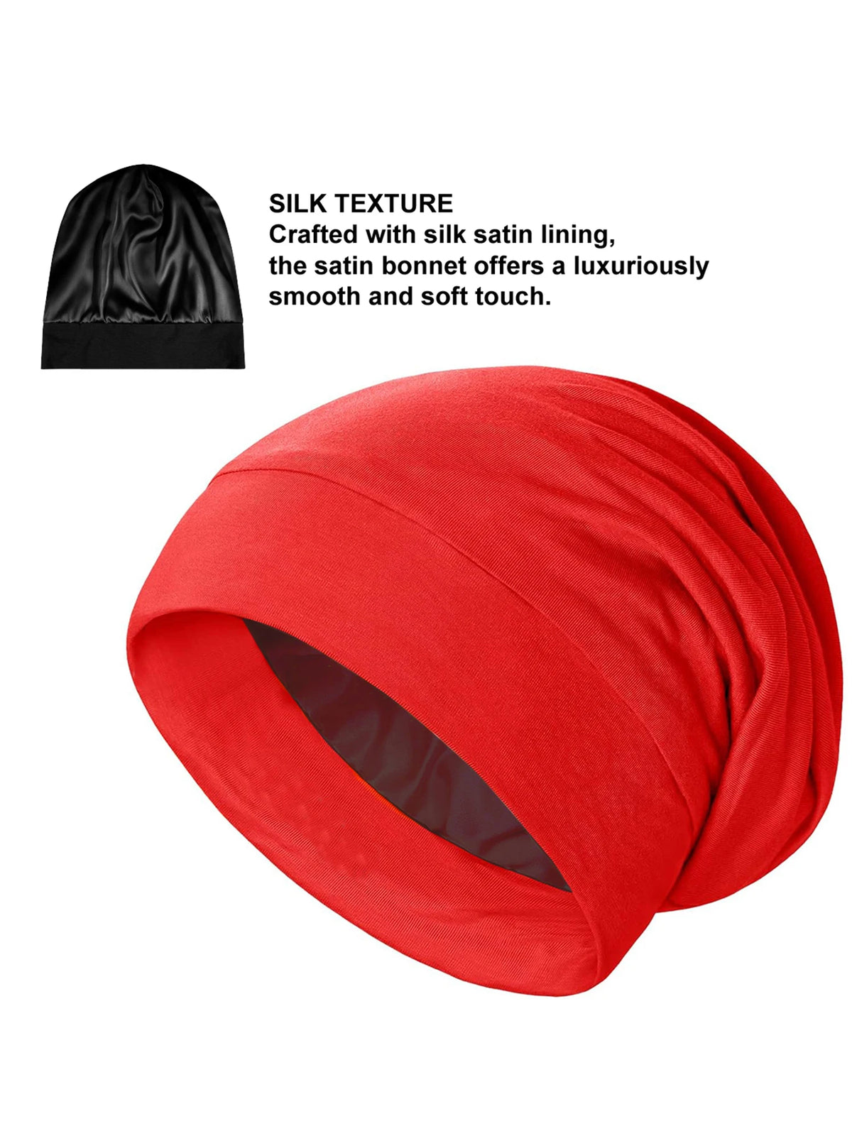 A bright red silk satin sleep bonnet shown in a draped, circular form.