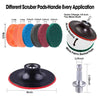 A set of different scrubber pads and a 1/4 inch hex metal shaft for a power drill brush attachment.