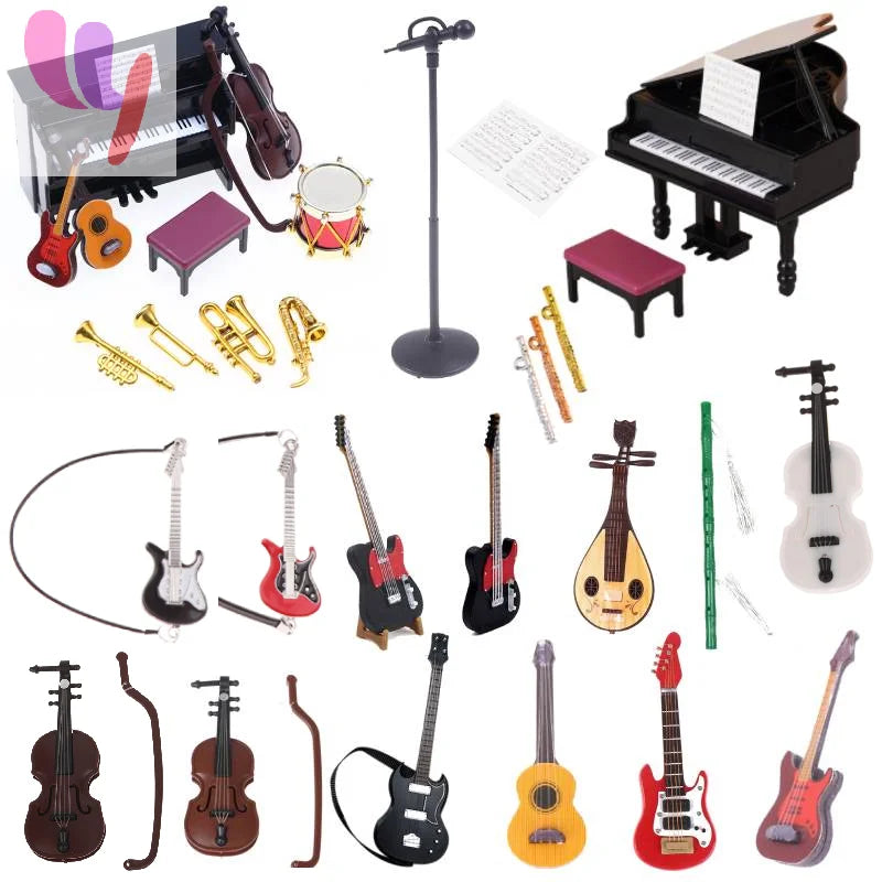 A collection of miniature musical instruments including a piano, guitar, saxophone, trumpet, and various stringed instruments