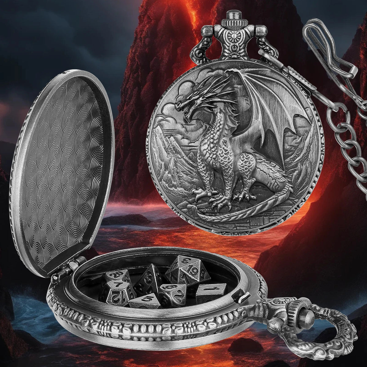 A silver dragon-themed pocket watch case is open, revealing a set of seven metal polyhedral dice against a fiery background.
