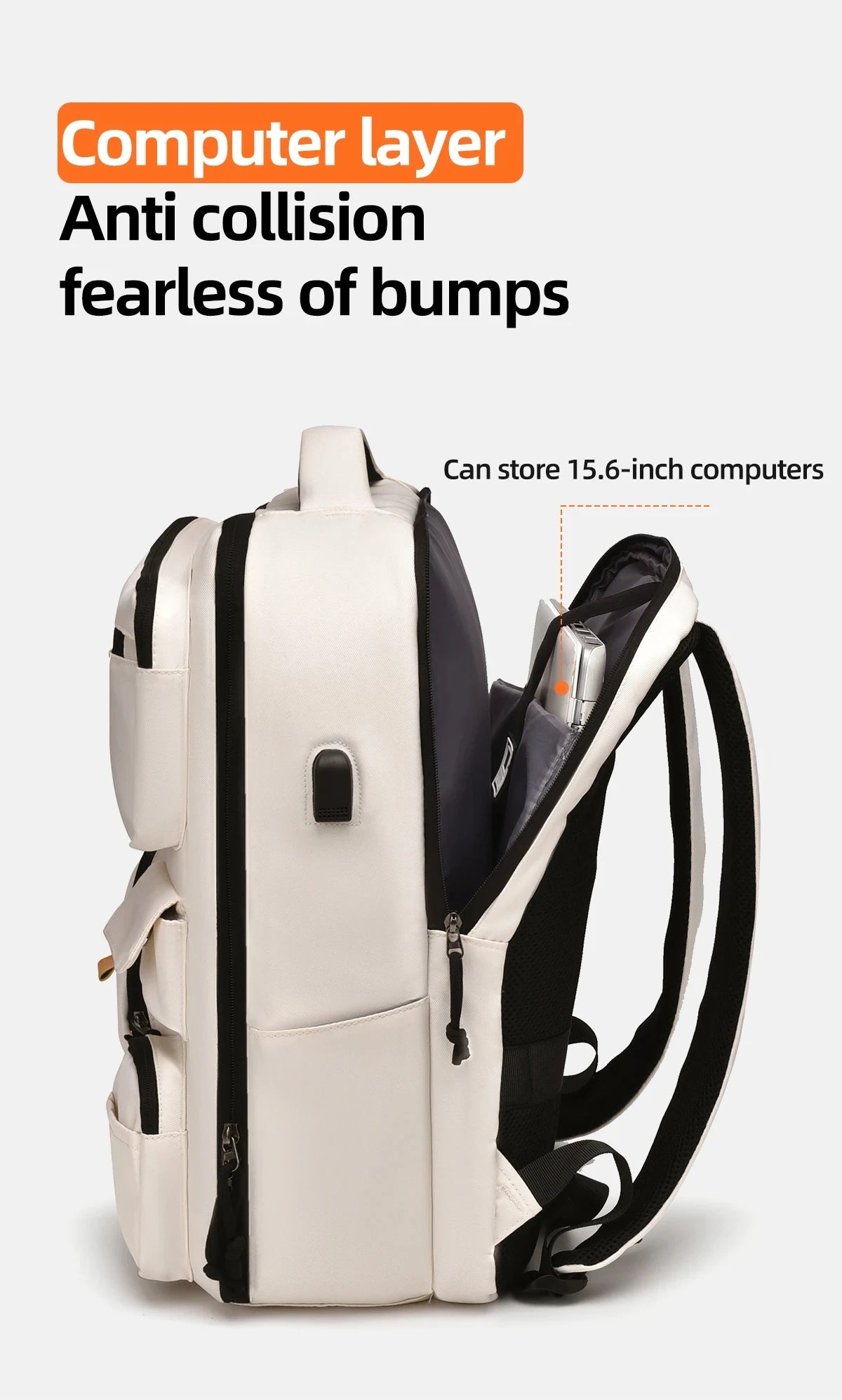 A beige and black computer layer backpack designed to be anti-collision and capable of storing 15.6-inch computers.