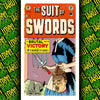 A tarot card featuring a sword motif with a figure in dark clothing and blood on the face.