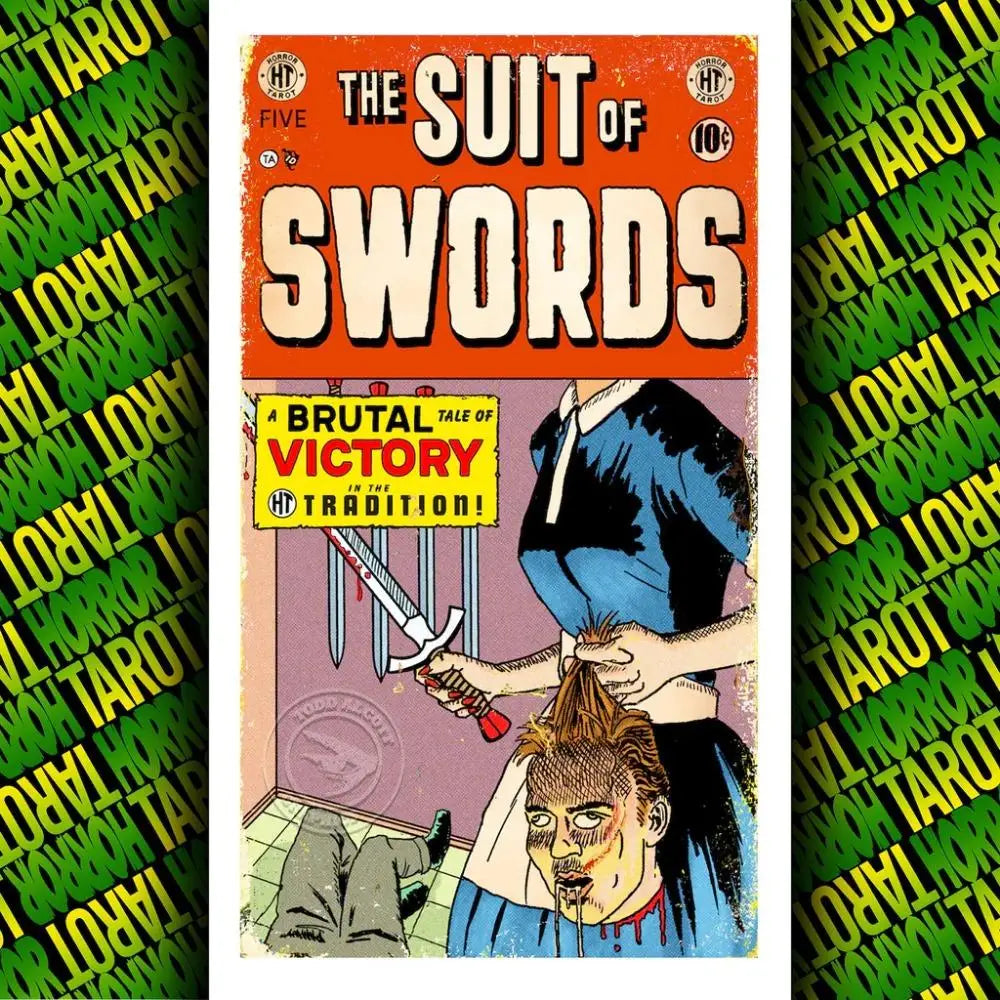 A tarot card featuring a sword motif with a figure in dark clothing and blood on the face.