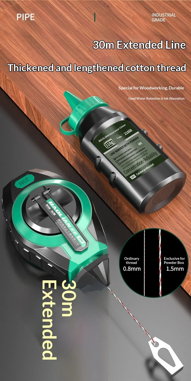 Chalk Line Reel with Quick Retraction for Precise Marking