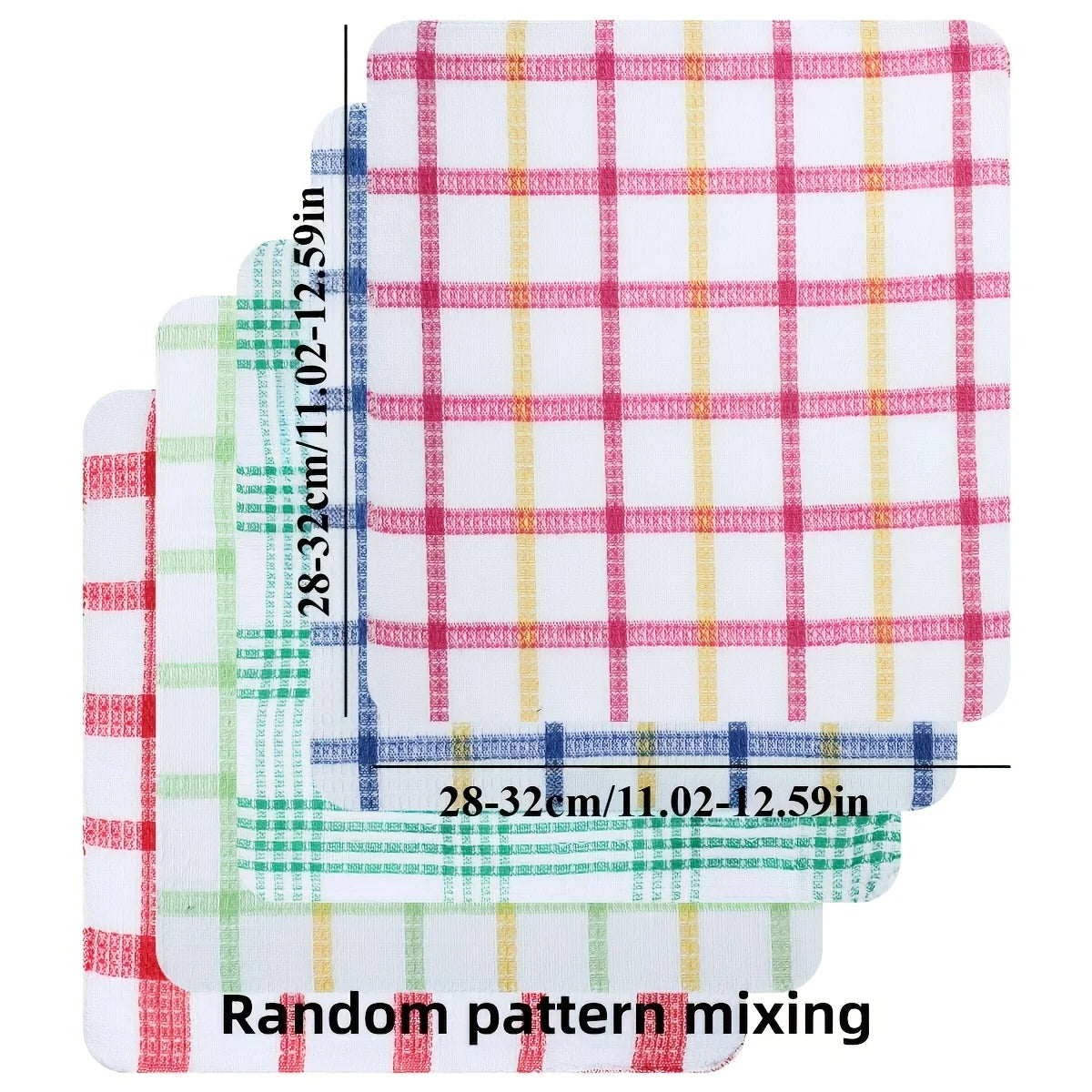 Stack of plaid kitchen towels in various patterns and colors, showing a random pattern mixing.