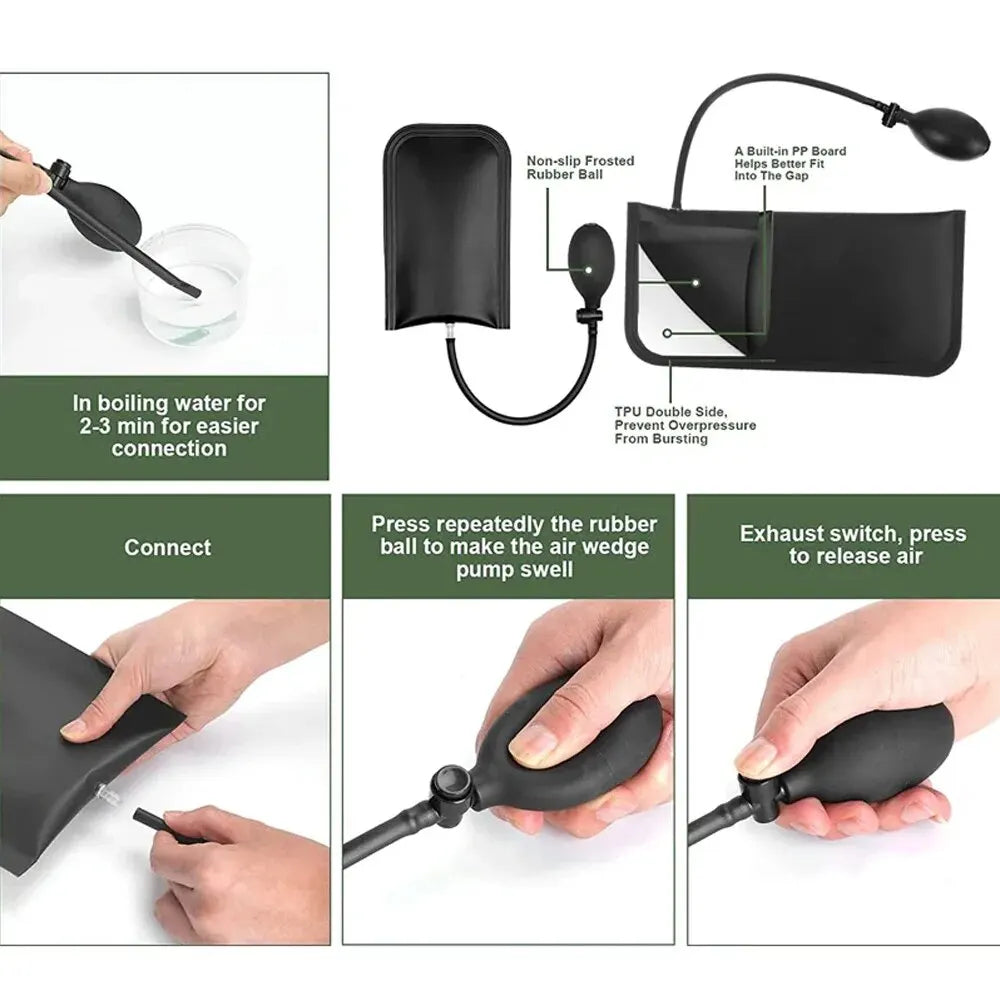 A black emergency car door unlock tool kit showing components like a rubber ball, air wedge, and grabber tool.