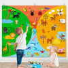 A child stands in front of a colorful felt board featuring various farm animals and nature scenes.