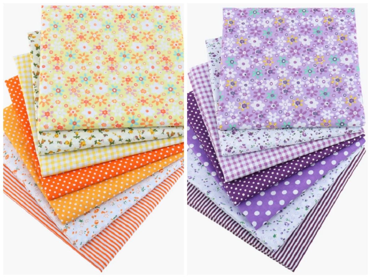 A bundle of colorful cotton fabric squares featuring floral dot patterns in yellow, orange, purple, and white.