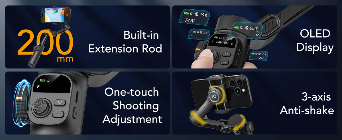 3-Axis Smartphone Gimbal Stabilizer with Built-in Extension Pole and LED Display