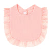 A light pink, ribbed cotton baby bib in a bandana style with ruffled edges.
