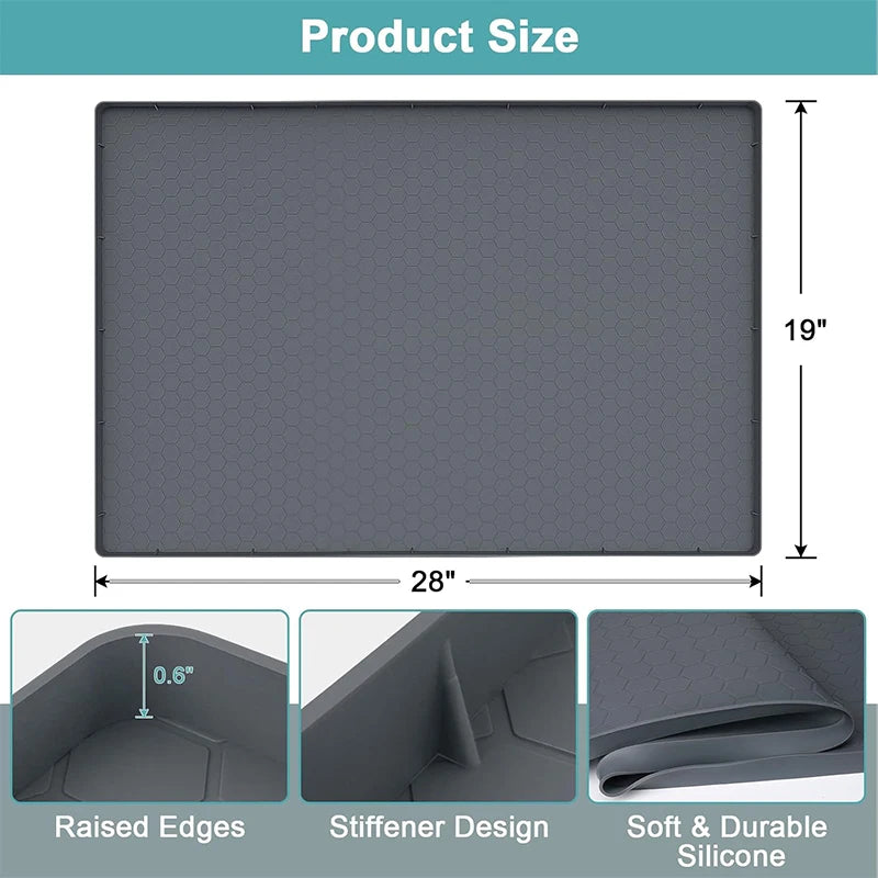 A gray flexible silicone under-sink mat featuring raised edges, a stiffener design, and durable silicone.