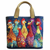 A vintage quilted tote bag featuring colorful embroidered designs of various roosters and chicks on a dark blue fabric.