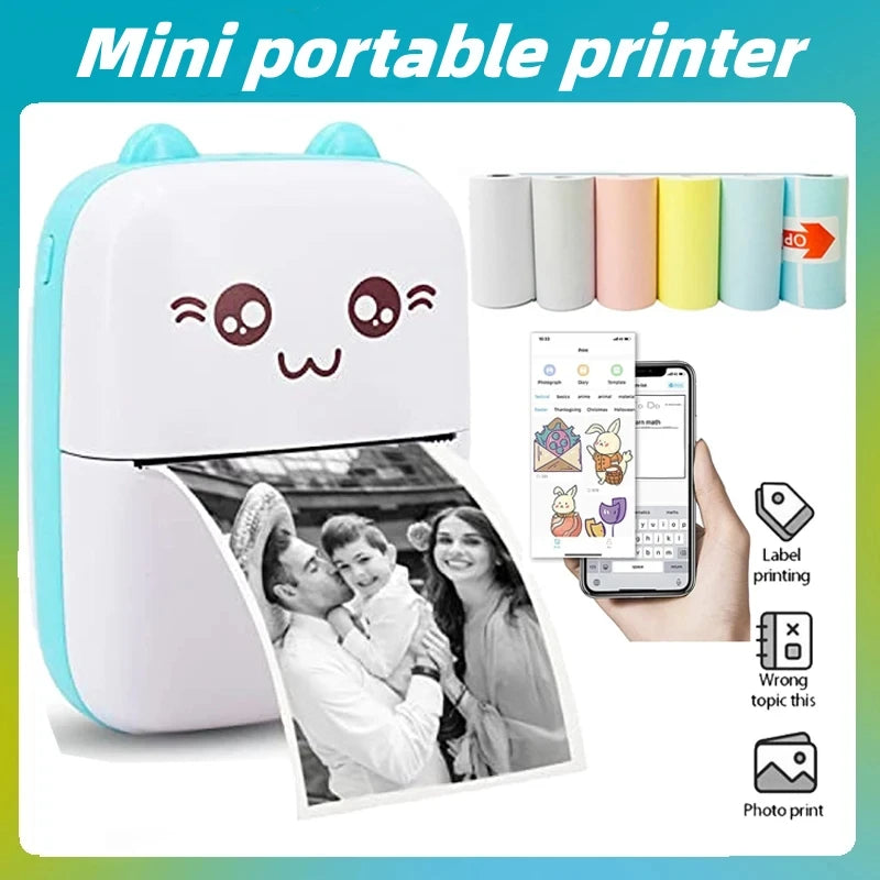 A white portable printer with a cute face design is shown alongside various color ink cartridges and a hand printing a photo.