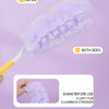 A purple fluffy feather duster is shown with labels indicating one side and both sides, emphasizing that shaking before use m