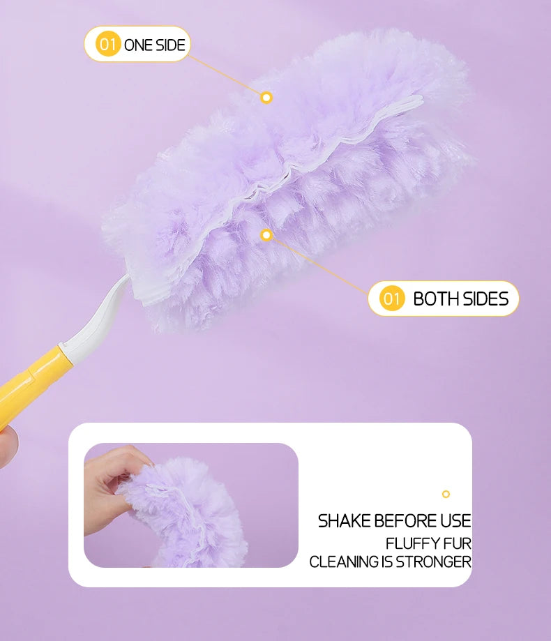 A purple fluffy feather duster is shown with labels indicating one side and both sides, emphasizing that shaking before use m