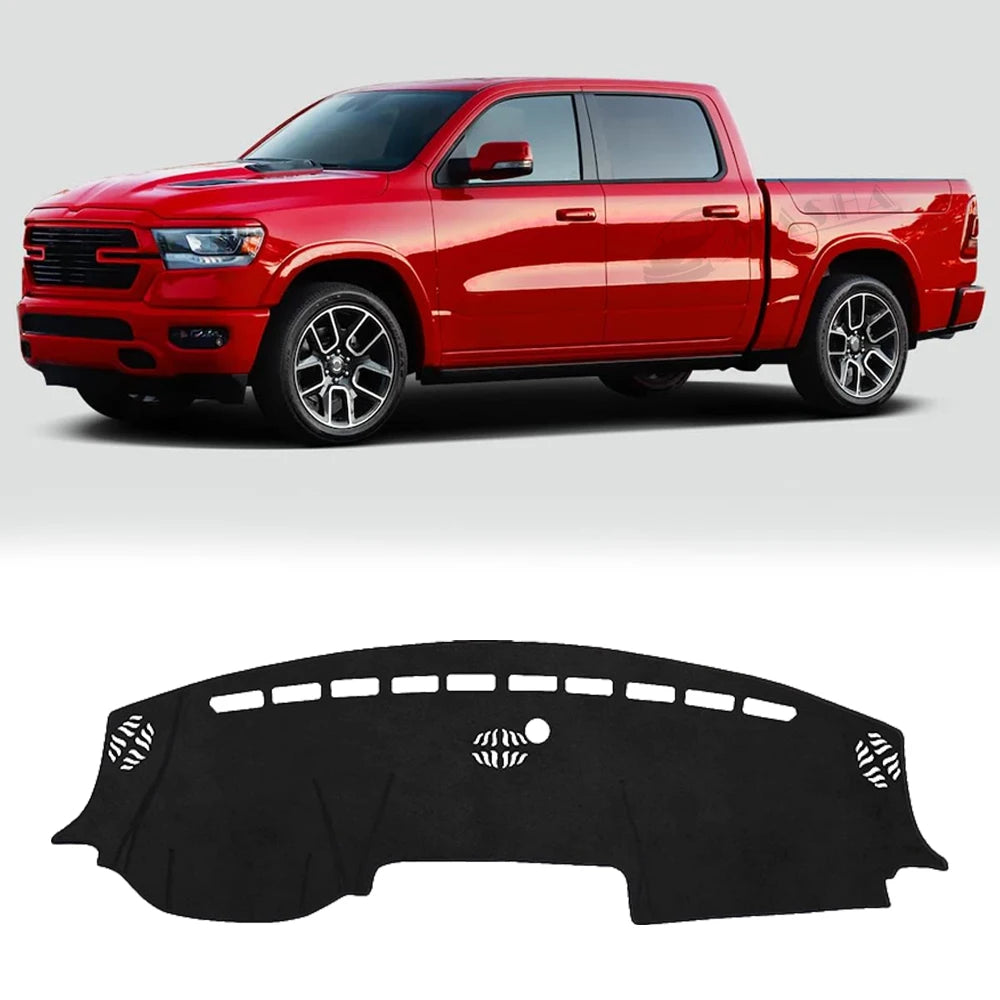 A custom fit black dash cover for a red Dodge Ram pickup truck.