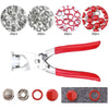 A set of metal snap fasteners and pliers tool with various sizes and colors shown in close-up views.