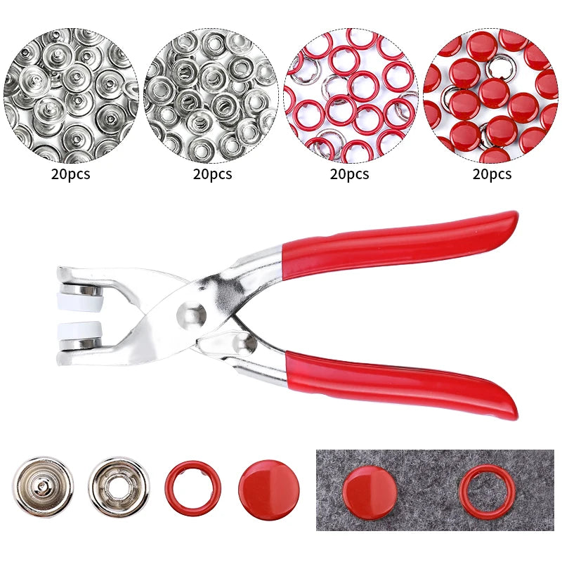 A set of metal snap fasteners and pliers tool with various sizes and colors shown in close-up views.