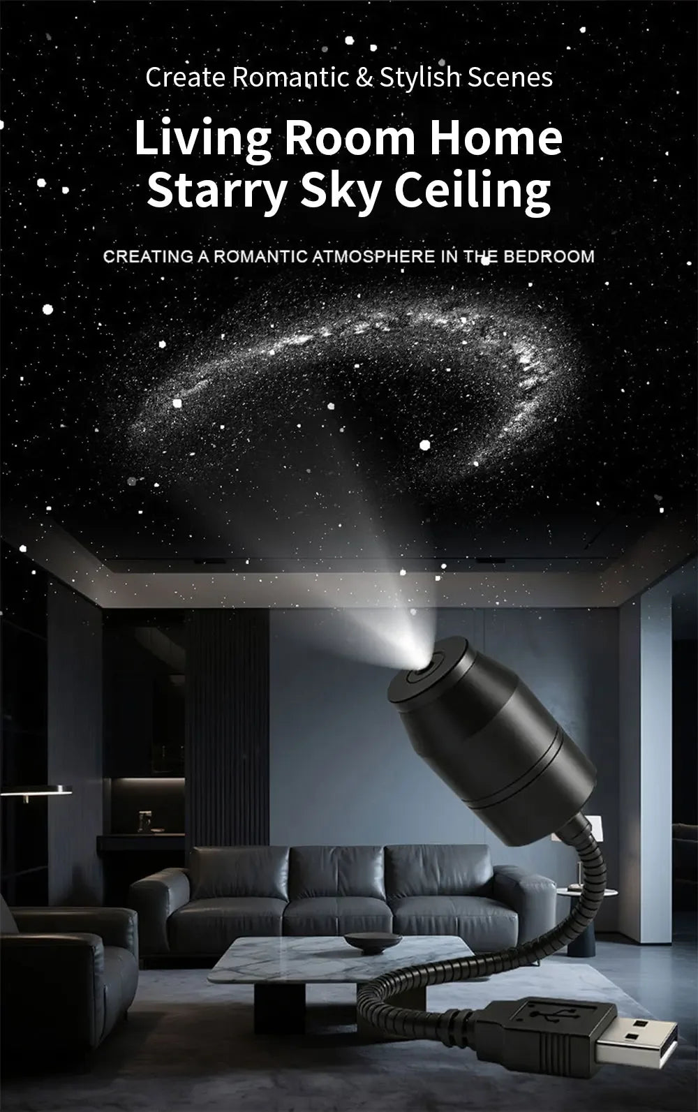 A projector casts a starry night sky onto the ceiling in a living room setting.