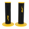 A pair of black and yellow aluminum motorcycle handlebar grips with rubber coating.