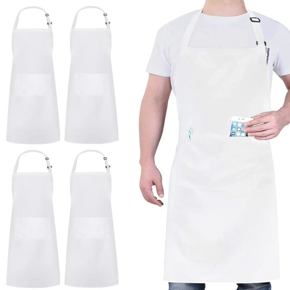 A person wearing a white unisex water-resistant bib apron with pockets.