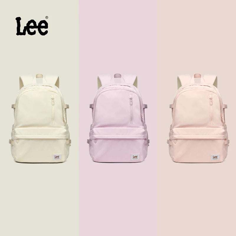 A set of light pink and cream ultralight water-resistant laptop backpacks from Lee brand.