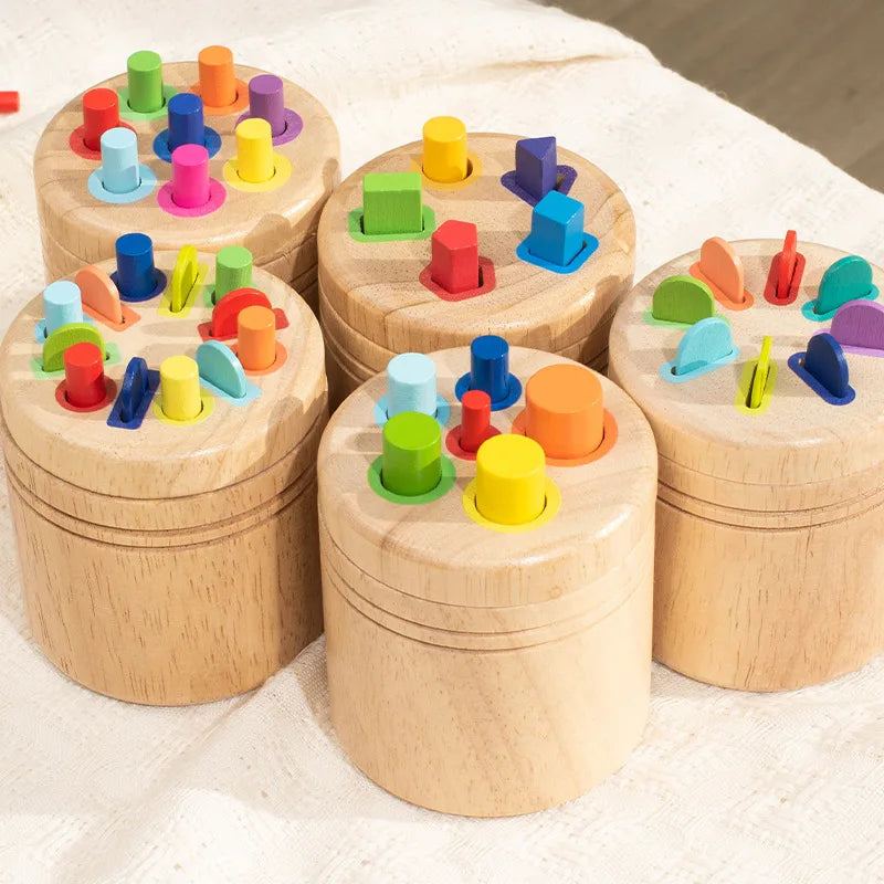 A wooden color sorting toy for toddlers featuring various colored stacking blocks arranged in circular patterns.